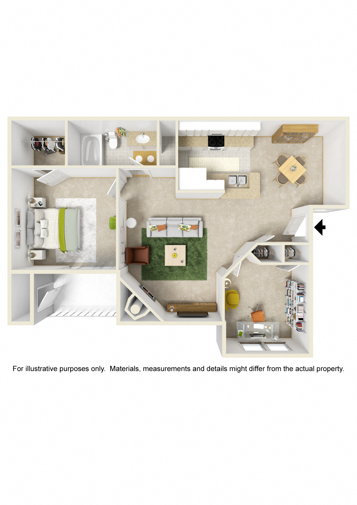 Floor plan for 1 bed, 1 bath, 878 sqft